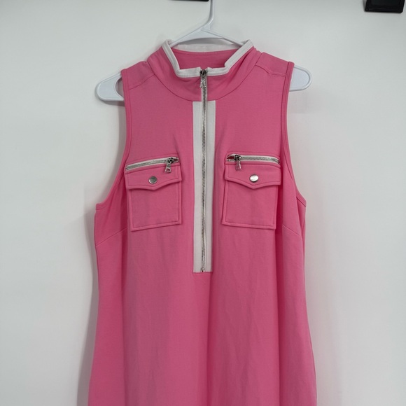 Boston Proper Zip Neck Maxi Dress Shift Size Large Sleeveless Pink White Cotton - Picture 5 of 10